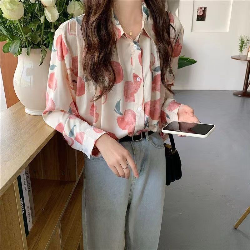 Áo Sơ Mi Chiffon Chống Nắng Dáng Rộng In Họa Tiết Quả Đào Màu Hồng Cổ Điển Thời Trang Xuân Thu Cho Nữ