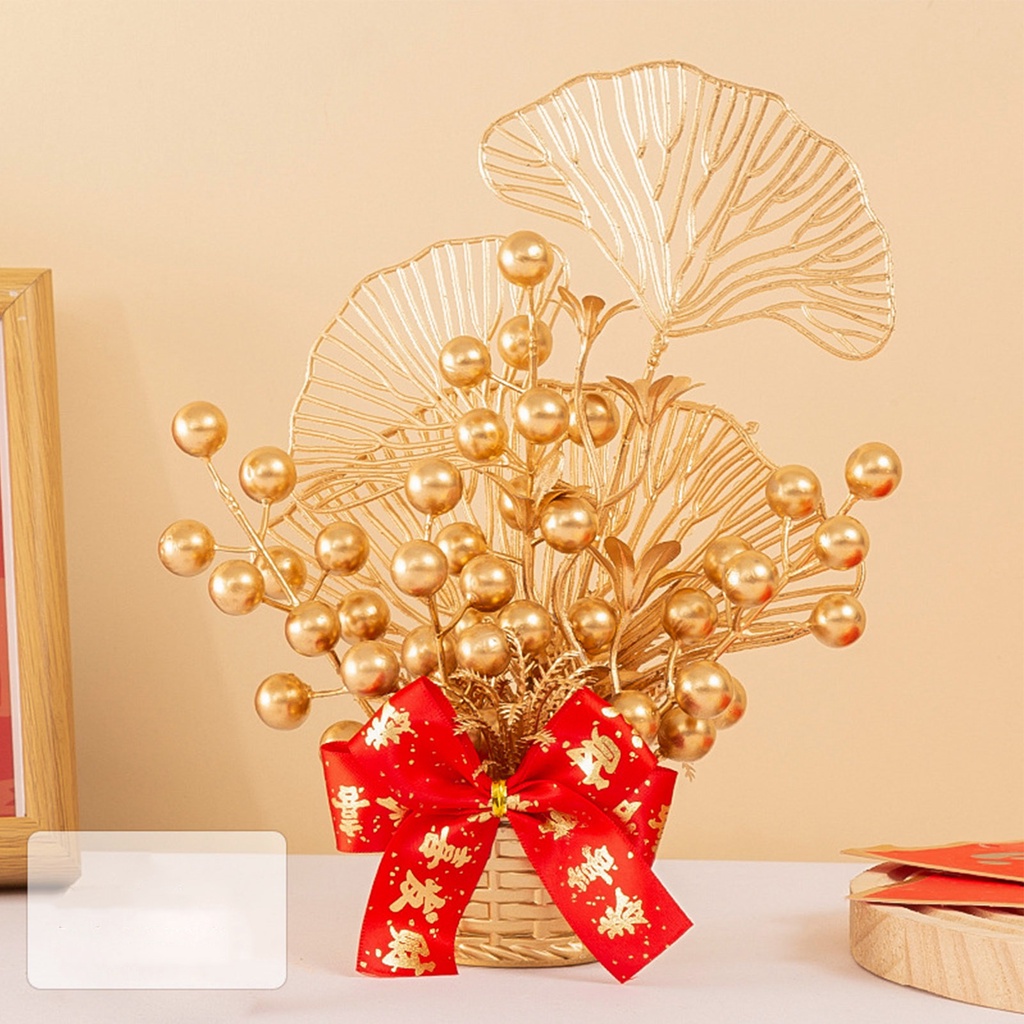 Chậu hoa phong thủy màu đỏ - Cành hoa đào đông - Cành Lá Vàng Hút Tài Lộc Trang Trí Nhà Dịp Lễ Tết Năm Mới