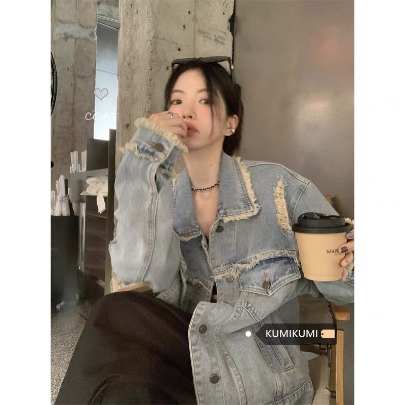 Áo Khoác denim Rách Dáng Rộng Phong Cách retro Thời Trang 4 Mùa Dành Cho Nữ