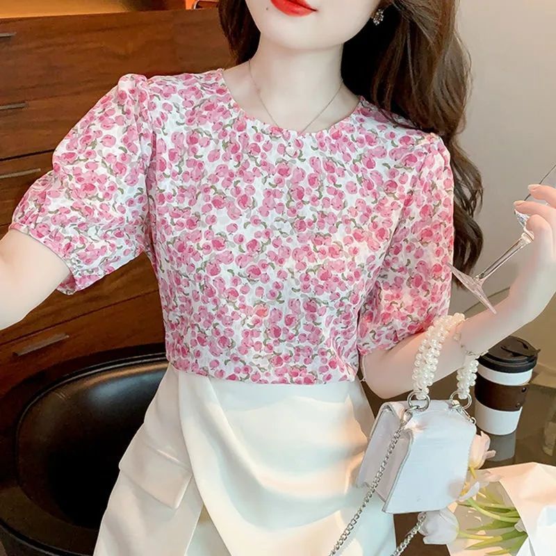 Áo Sơ Mi Chiffon Cổ Tròn Tay Ngắn In Họa Tiết Hoa Phong Cách Hàn Quốc Thời Trang Mùa Hè Cho