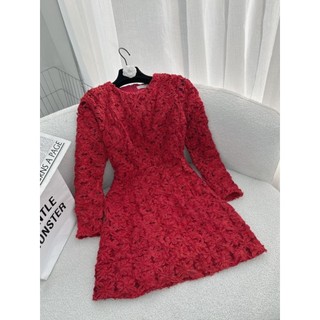 ĐẦM ĐỎ XÔ REN CỔ TRÒN TAY DÀI