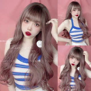Tóc nguyên đầu xoăn ombre hồng khói - 60cm