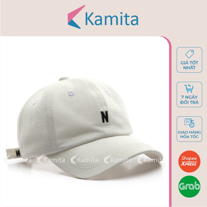 Mũ Lưỡi Trai, Nón Lưỡi Trai KAMITA Thêu Chữ N Nam Nữ Hàn Quốc, Nón Kết Trắng Đen Be Đẹp Vải Kaki Cao Cấp Chính Hãng KM12
