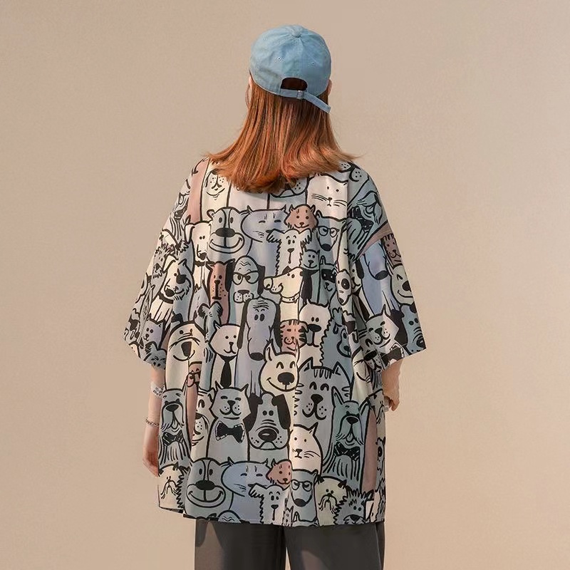 Áo Sơ Mi Chiffon Tay Ngắn In Họa Tiết Hoạt Hình Gấu Và Chữ Thời Trang Mùa Hè Cho Nam Và Nữ
