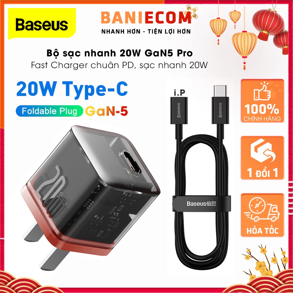 Bộ sạc 20W GaN5 Pro Baseus cho điện thoại 14 Pro Max, 13 Pro Max, 12 ...5 - Sạc nhanh 12T Bảo hành 1 đổi 1 Baniecom
