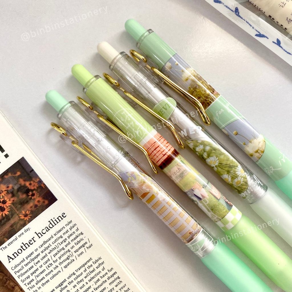 Bút bấm MURA Green Garden phong cách hoa mùa xuân, mắc cài ánh kim, mực đen, ngòi 0.5mm BMR-8161