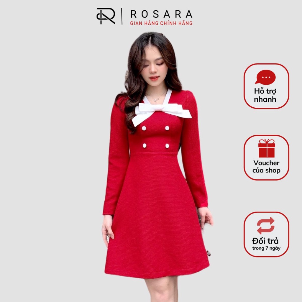 Váy Đầm Đỏ Phối Nơ Trắng Thời Trang Công Sở Nữ Rosara V87