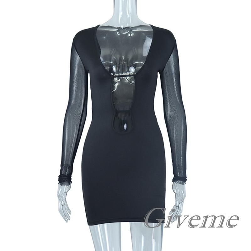 Đầm Body Tay Dài Cổ Chữ V Khoét Sâu Màu Sắc Thanh Lịch Cho Nữ