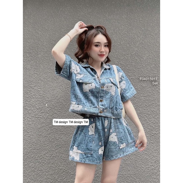 Set bộ đùi jeans phối hình dễ thương - chất jean cao cấp VIENS STORE