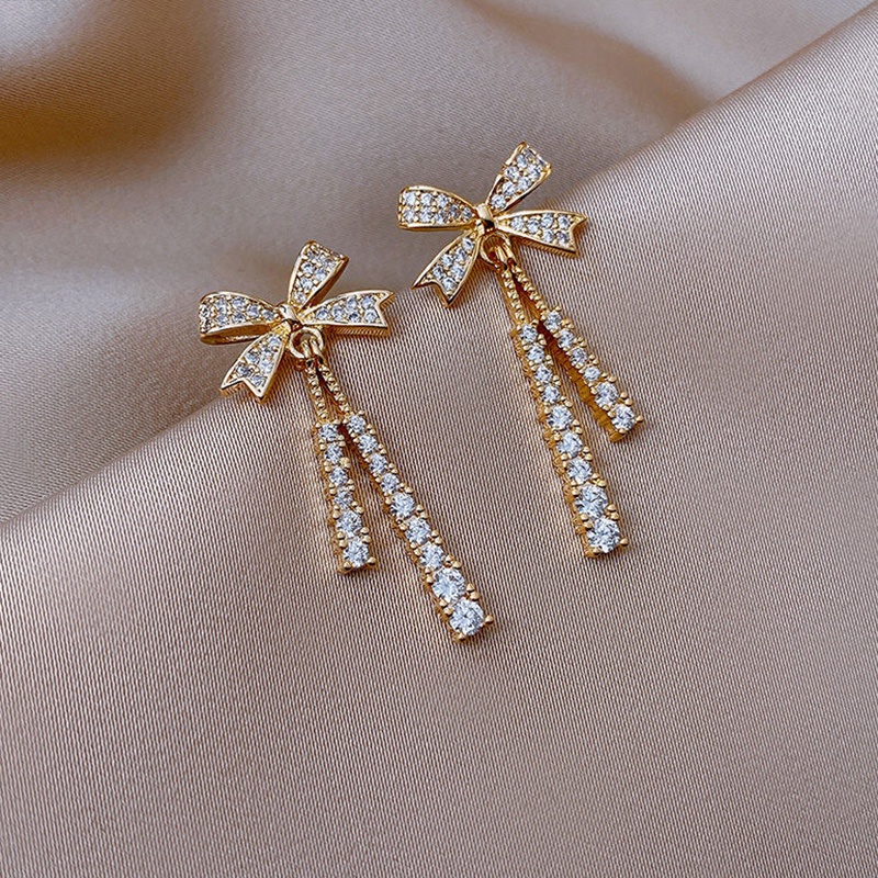 Khuyên Tai Bạc Dạng Hạt Đính Nơ Tua Rua Phong Cách Lạnh Cao Cấp jp5