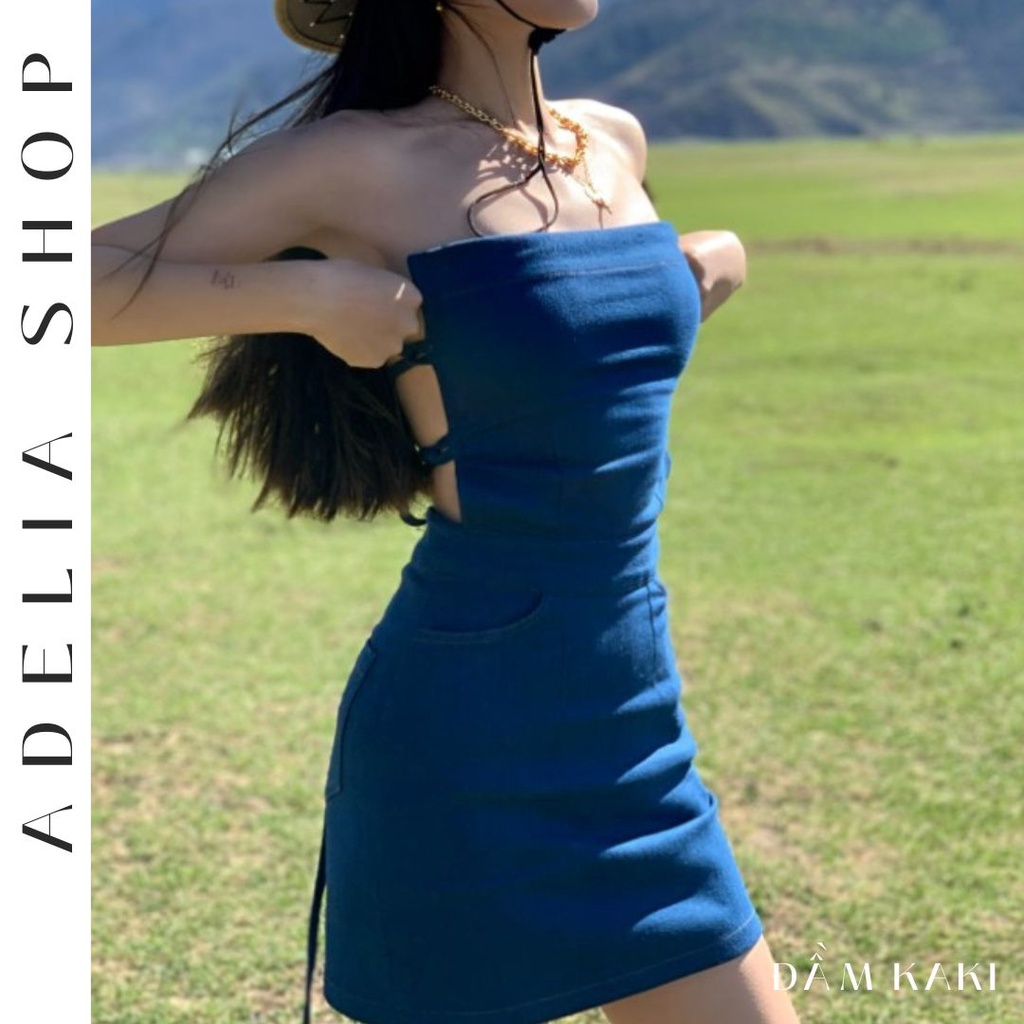 「ADELIA」Đầm Kaki Màu Xanh Than 2 Lớp Dáng Ngắn Ôm Body Đan Dây Lưng Cá Tính Phong Cách Cao Bồi
