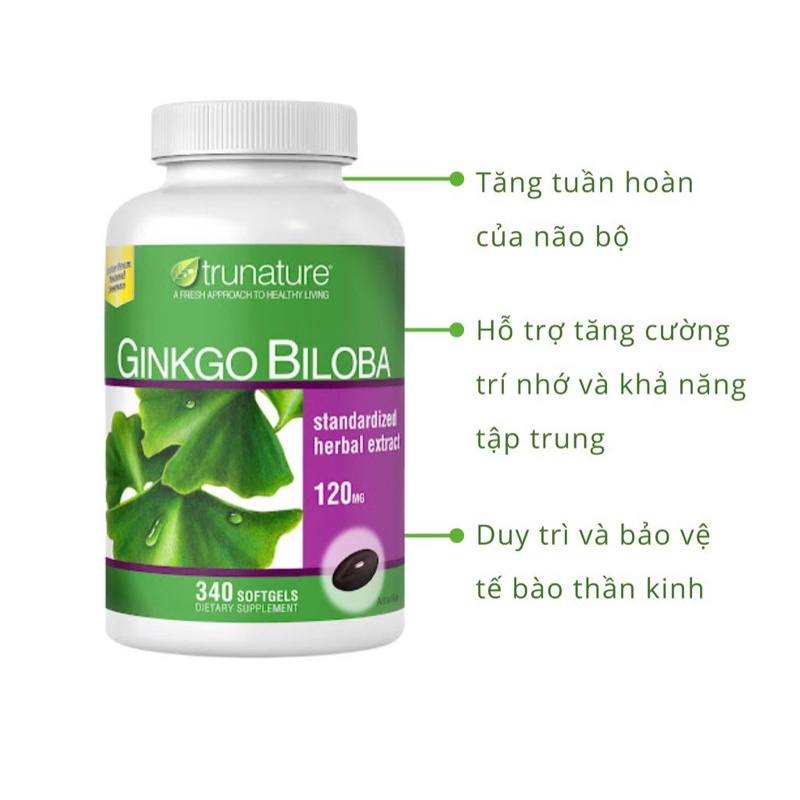 Viên Uống Bổ Não Tăng Cường Trí Nhớ, Tuần Hoàn Não Trunature Ginkgo Biloba 120mg 340 viên