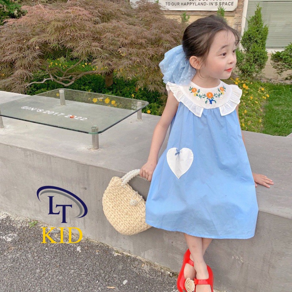 Váy đầm bé gái-cổ thêu hoa sịn - vải thô mát