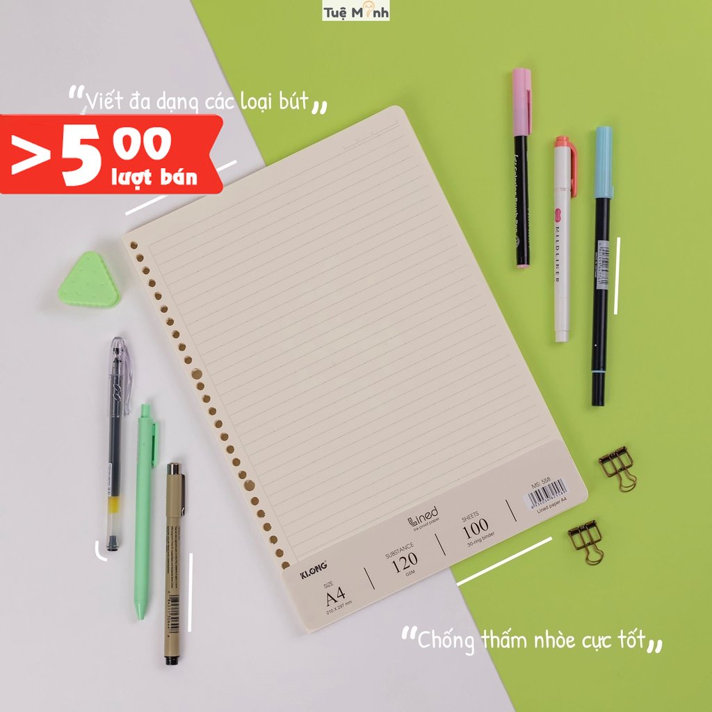 Ruột sổ còng Klong A4 tập 100 tờ caro/kẻ ngang/ dotgrid, giấy refill binder Klong định lượng cao 100-120gsm