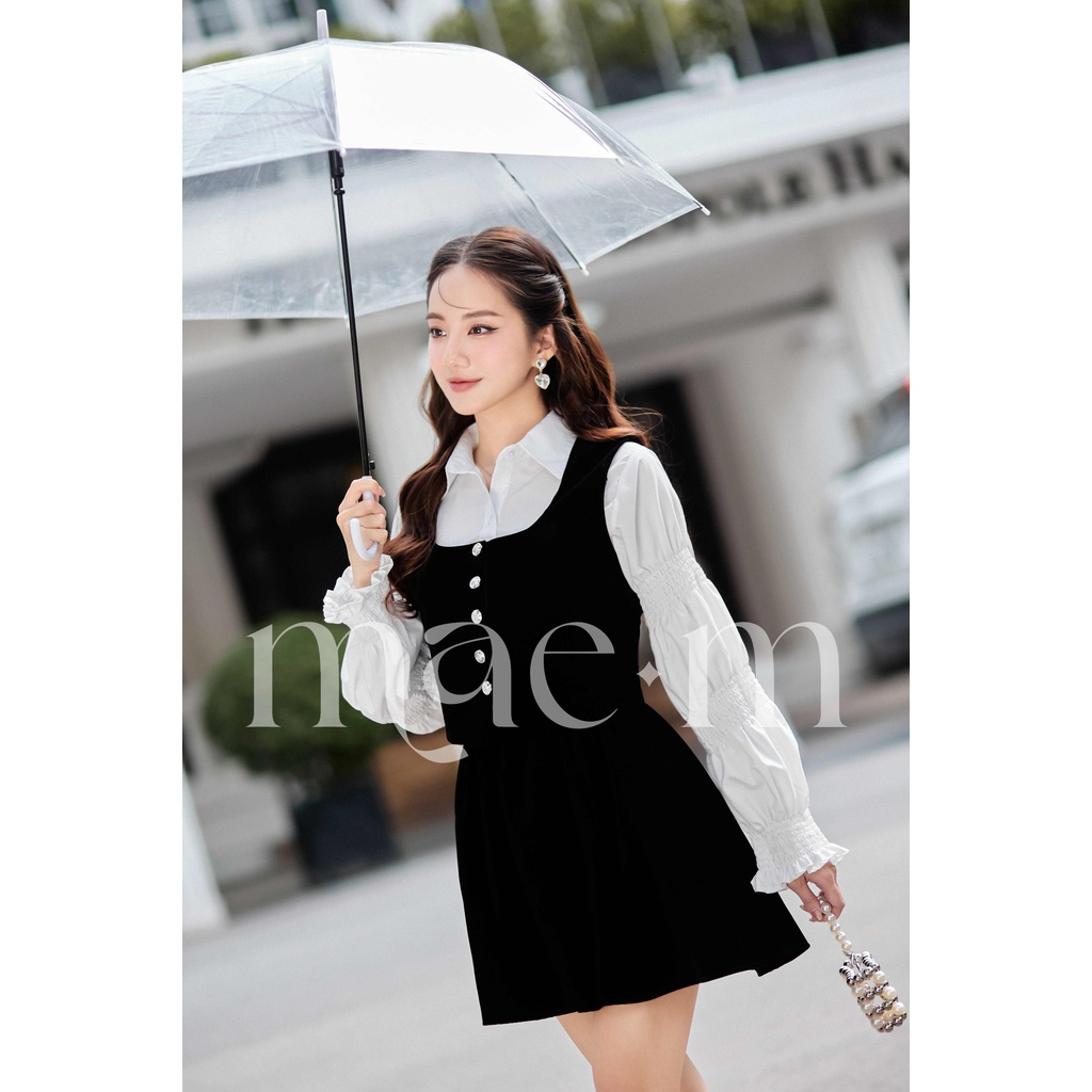 Set 3 món sơ mi, áo gile croptp, quần nhung đen MAE WHITE LIGHT