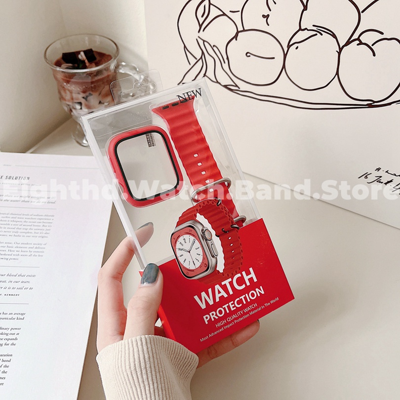 Ốp Silicone + Kính Cường Lực Cho ĐồNg Hồ Apple Watch Series Ultra 8 7 6 SE 5 4 3 2 1 49mm 41mm 45mm 44mm 42mm 40mm 38mm