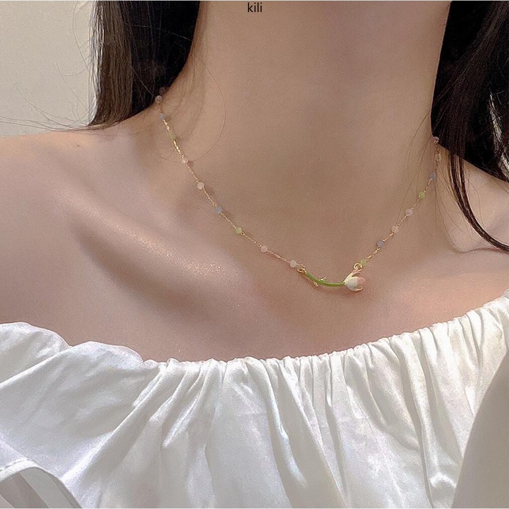 Kilii Vòng cổ Chuỗi Hạt Pha Lê Hình Hoa tulip Thời Trang Cho Nữ