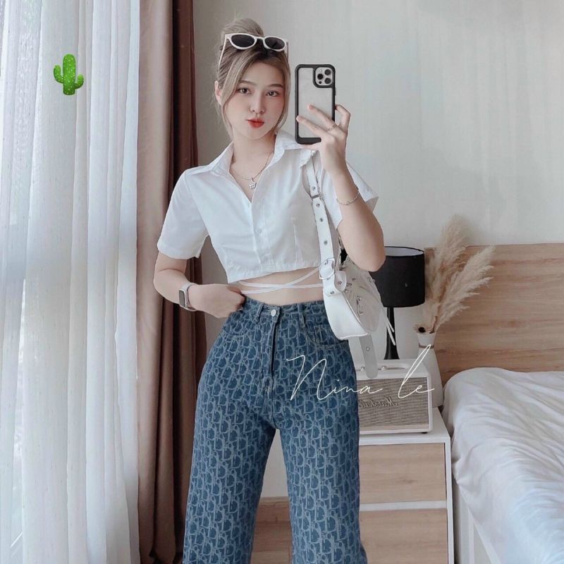 Sơ mi thắt dây eo croptop freesize( 40-50kg