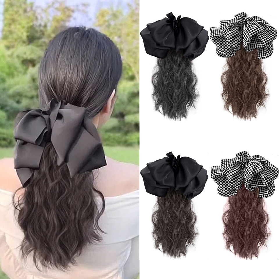 Kẹp Tóc Đuôi Ngựa Dài Màu Đen Kẻ Sọc Caro Bằng Sợi Tổng Hợp Dành Cho Bạn Nữ