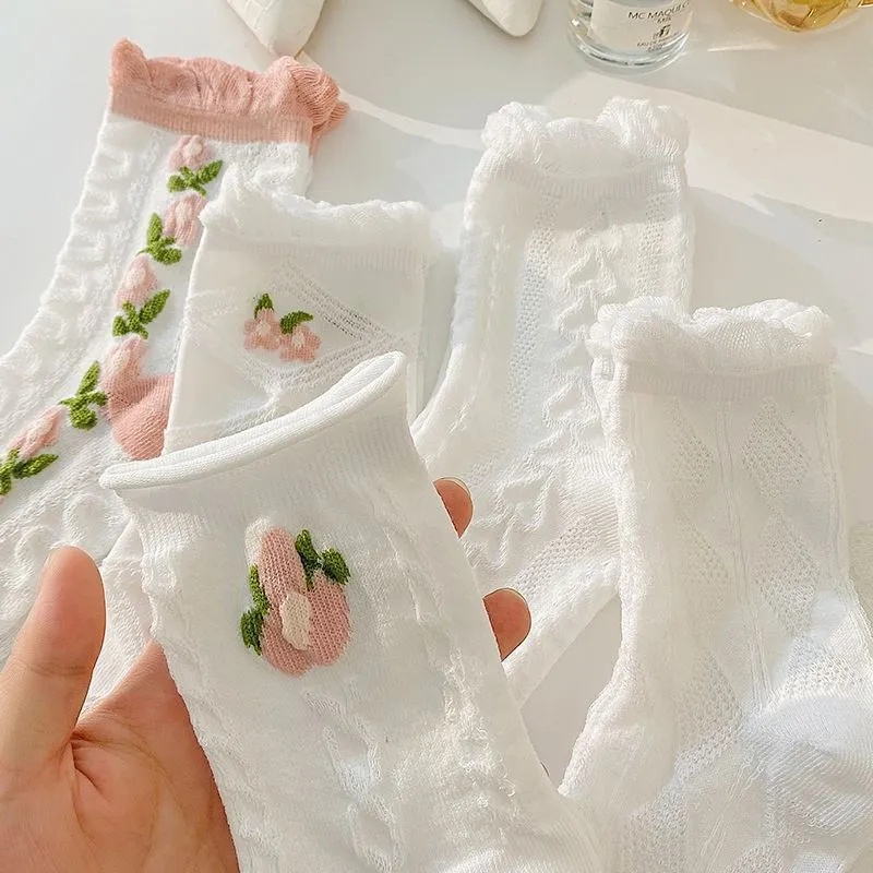 Bộ 5 Đôi Vớ Cotton Mềm Mại Thoáng Khí Chống Trượt Thêu Hoa Phong Cách Lolita Ngọt Ngào