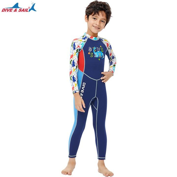 Đồ bơi bé trai, giữ nhiệt, liền thân tay dài quần dài chống nắng, chất liệu Cao su neoprene dày 2mm size từ 14kg - 36kg