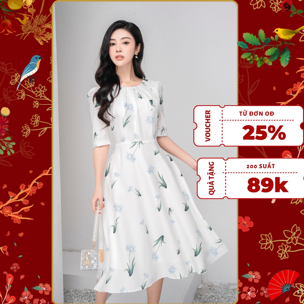 Váy hoa thanh anh cổ xếp ly xòe Erin Myann, nhẹ nhàng thanh lịch