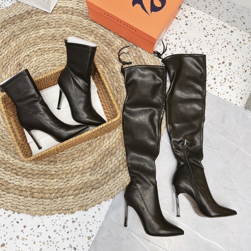 Boot cao gót da cổ thấp lót lông gót mix đá 9p fullbox