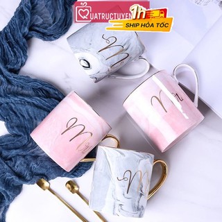 Cốc sứ họa tiết vân đá Mr Mrs 450ml kèm thìa, ly sứ uống trà, nước văn phòng