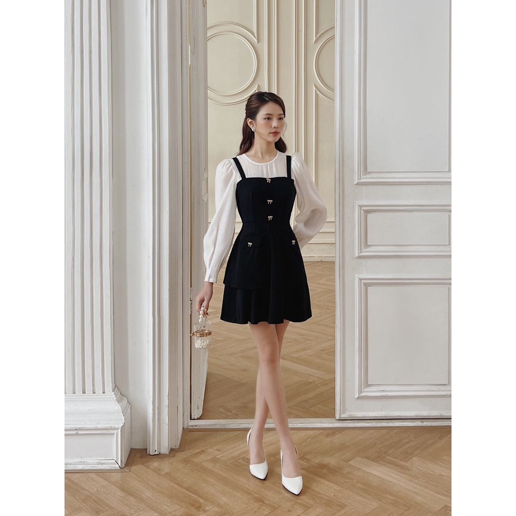 Váy thiết kế giả yếm LYRA dáng peplum đính cúc nơ, chất tuyết mưa dáng thanh lịch, điệu đà - LWTVD629