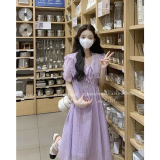 Đầm midi đũi lụa cổ bèo cột nơ duyên dáng