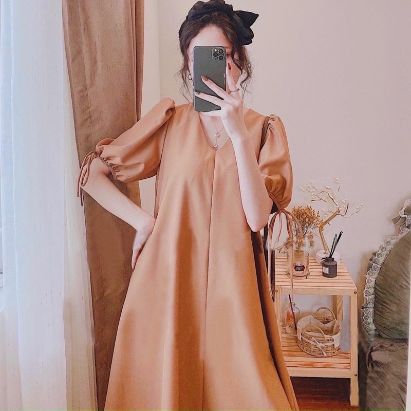 Váy Đũi V04 Buộc Nơ Tay Bồng Cổ Tim Siêu Mát | BigBuy360 - bigbuy360.vn