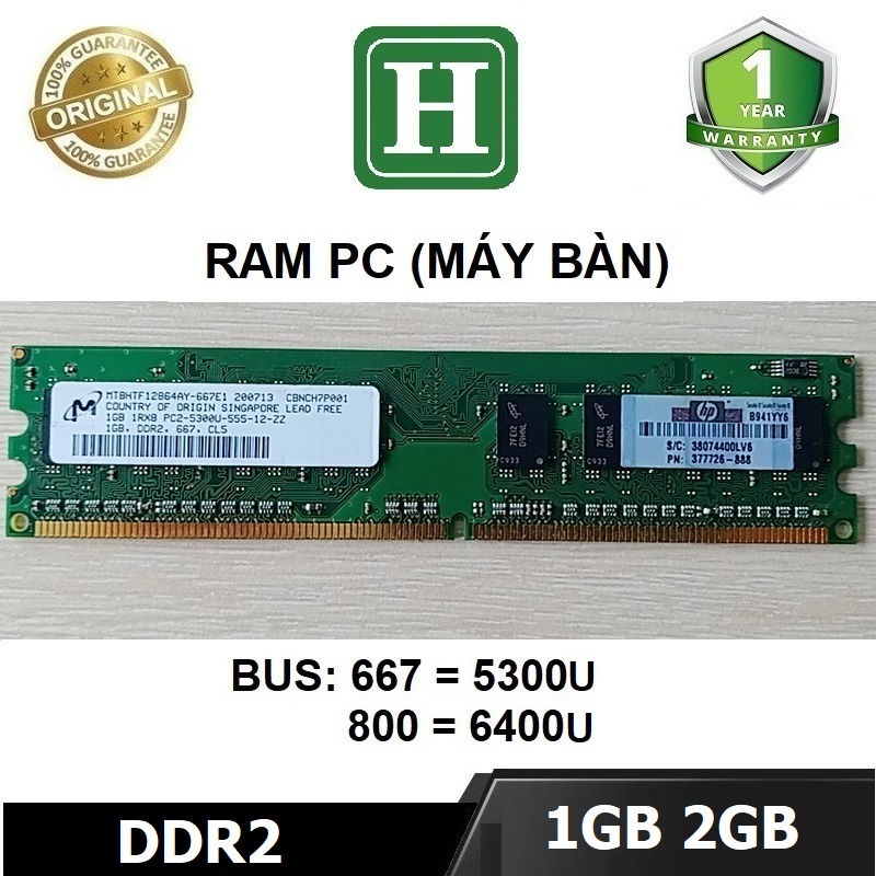 Ram PC DDR2 1GB, 2GB bus 667,800, hàng tháo máy chính hãng, bảo hành 6 tháng | BigBuy360 - bigbuy360.vn