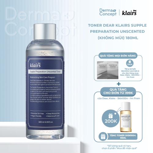 Toner Dear Klairs Supple Preparation Unscented Toner/ Facial Toner cấp nước, phục hồi da 180ml.