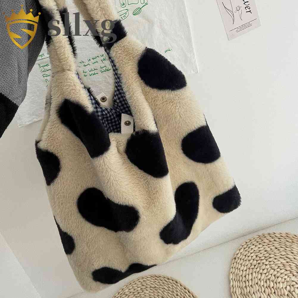 Túi Tote Đeo Vai Mùa Đông Kích Thước Lớn Họa Tiết Trái Tim Bằng Vải Lông