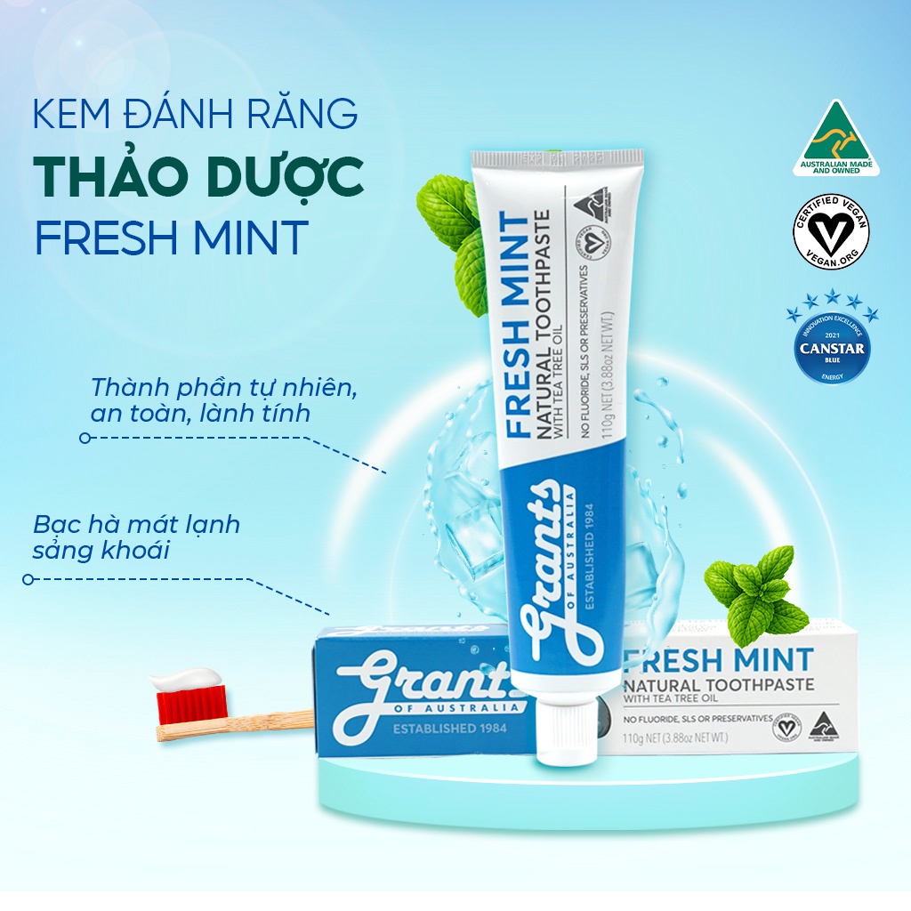 Kem Đánh Răng Thảo Dược GRANTS Tràm Trà Bạc Hà Dùng Cho Cả Gia Đình, Giảm Ê Buốt Hơi Thở Thơm Mát Tuýp 110g