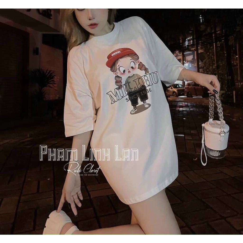 Áo phông, áo thun hình cô gái MILIHU form rộng dáng giấu quần, chất cotton mềm mịn phong cách trẻ trung Hàn Quốc