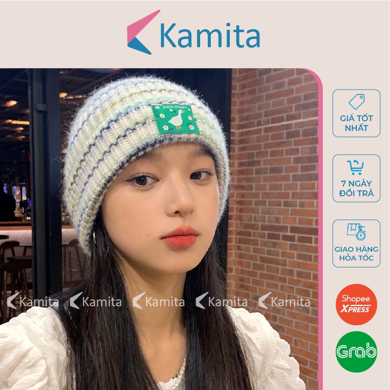 Mũ Len Dệt Kim Thêu Hình Con Vịt KAMITA Thời Trang Hàn Quốc, Nón Len Beanie Dài Đẹp Unisex Cao Cấp Vintage Mùa Đông ML05