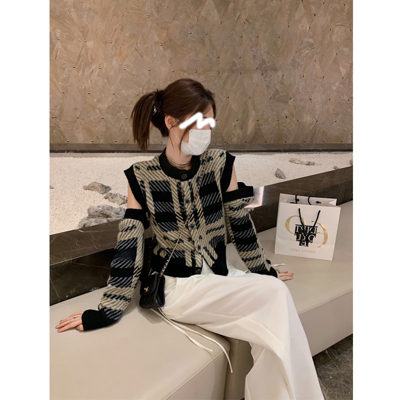 Áo Khoác Cardigan Dệt Kim Họa Tiết Tờ Báo Màu Đen Tương Phản Thời Trang Mùa Thu Cho Nữ