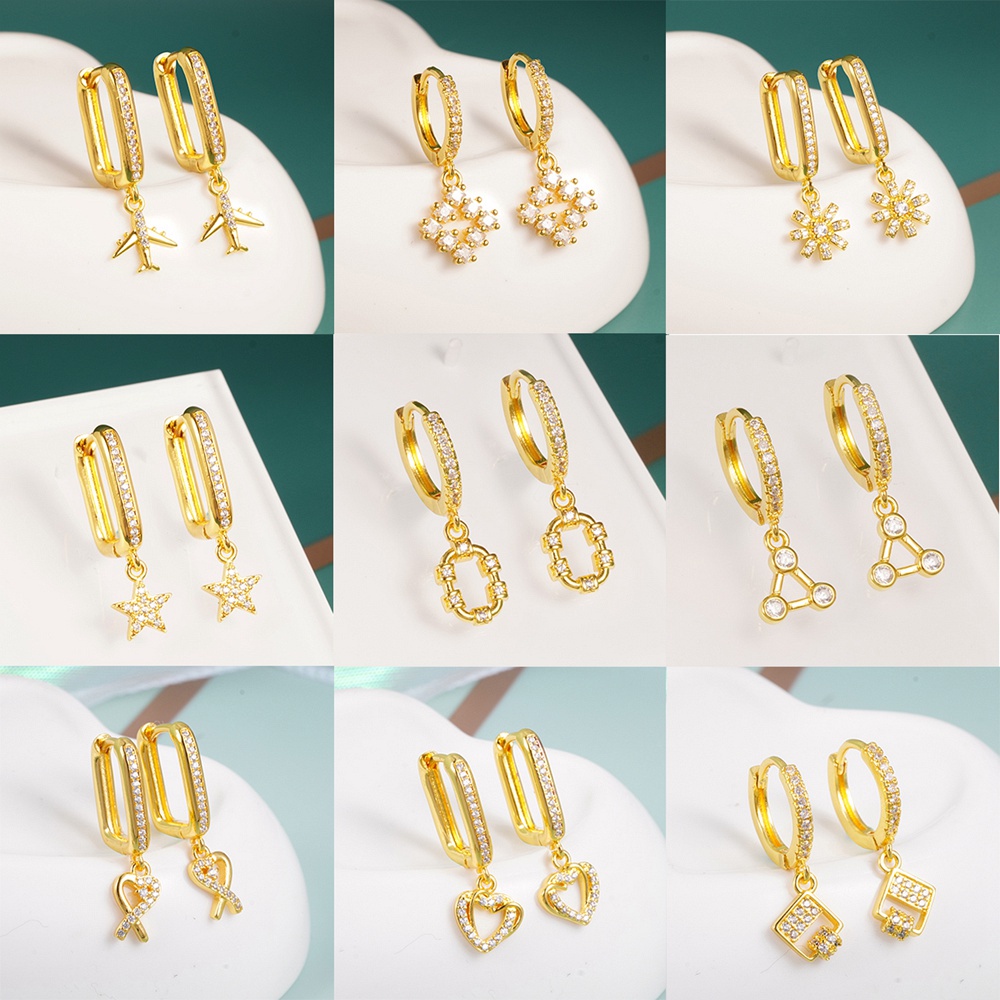 1 Đôi Bông Tai Mạ Vàng 18K Hình Ngôi Sao / Trái Tim / Hình Vuông Phong Cách Hàn Quốc Thời Trang Cho Nữ 9 Kiểu