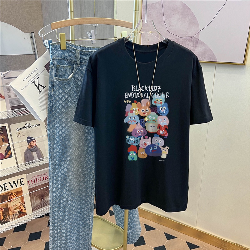 NRVP Áo Thun 100% Cotton Tay Ngắn Dáng Suông In Họa Tiết Hoạt Hình Phong Cách Hàn Quốc Thời Trang Unisex Size 5XL