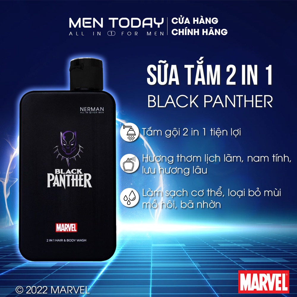 Sữa tắm gội 2in1 cho nam Nerman Black Panther Marvel Collection 350ml, hương nước hoa cao cấp