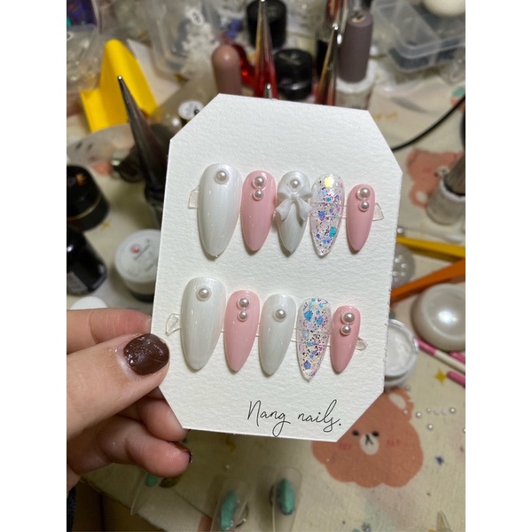 Nails Tết - Móng úp thiết kế tông Hồng pastel sẵn h chảnh, không kém da - Nailsbox tặng kèm bộ kit 3 món
