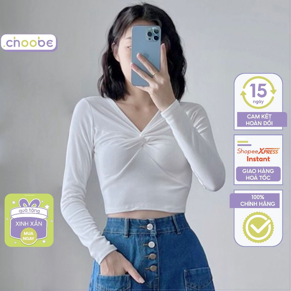 Áo croptop tay dài nữ Choobe kiểu xoắn ngực vải thun cotton co giãn tốt ôm body kiểu cá tính A80