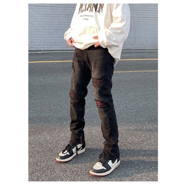 Quần Jean "BlackPink x FireOnFire" rách gối zipper skinny, miếng vá màu hồng.