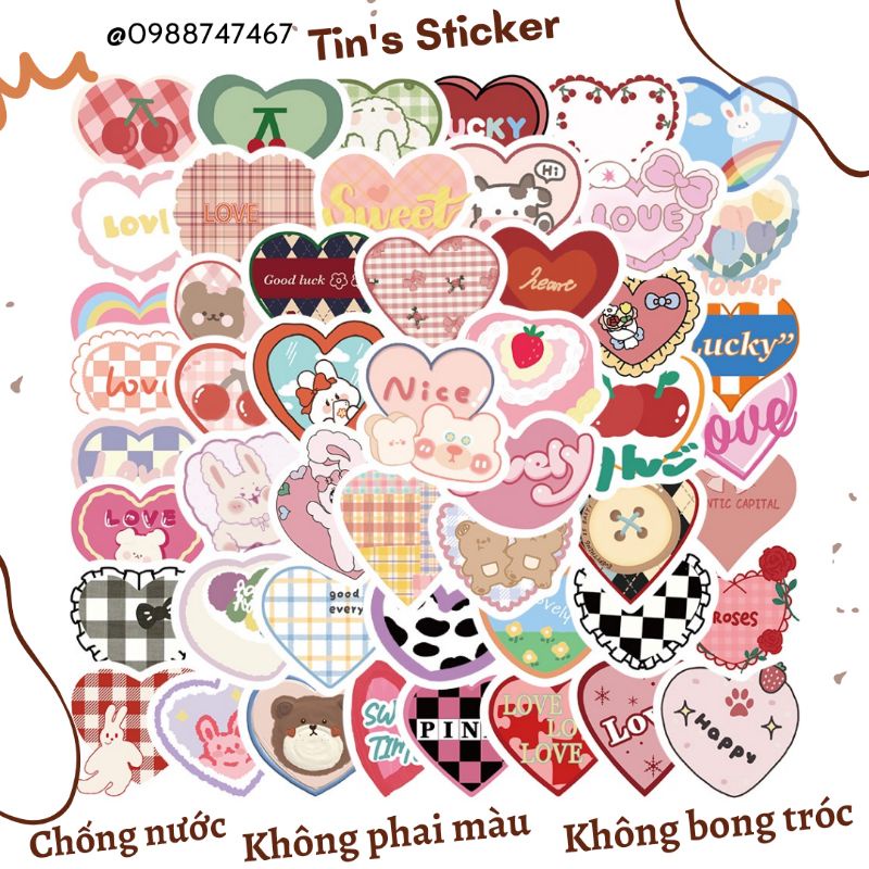 Set combo 100 miếng dán sticker trái tim dán nón mũ bảo hiểm laptop vali sổ tay tủ lạnh đàn guitar xe máy