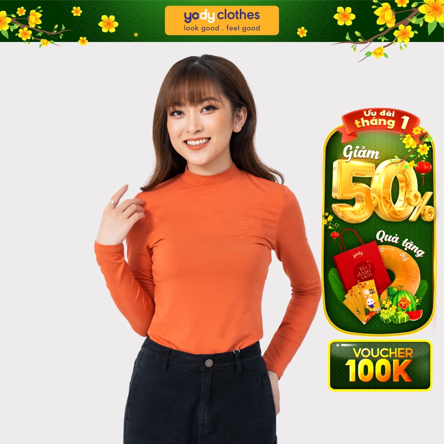 Áo giữ nhiệt nữ YODY cổ tròn co giãn trẻ trung mềm mại thấm hút tốt ATN5100