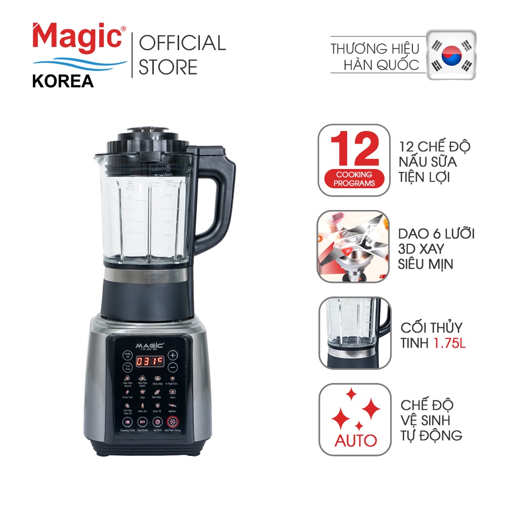 Máy Xay Nấu Đa Năng 3D 6 lưỡi dao Magic Korea A-96N, cối thủy tinh, 12 chế độ nấu sữa, bảo hành chính hãng