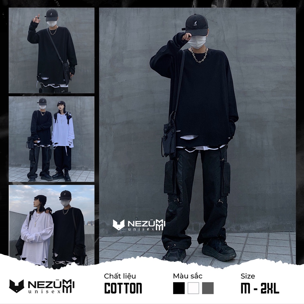 (Sẵn Đen, Trắng, Xám) Áo thun dài tay 95% cotton rách gấu tạo layer màu trơn basic cắt to hiphop unisex nam nữ