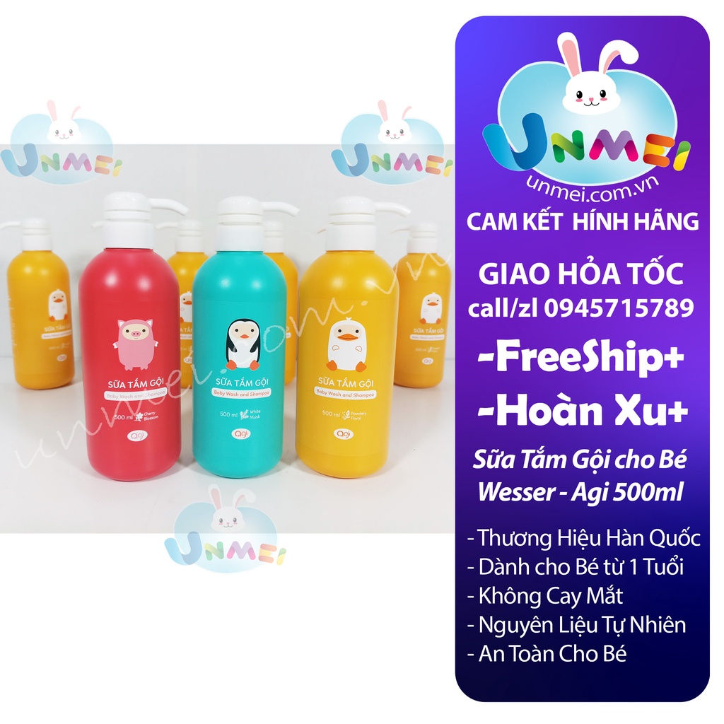 Sữa tắm gội cho Bé,Sữa Tắm Wesser 500ml, Sữa Tắm Agi 500ml, Không Cay Mắt, an toàn cho da và tóc bé-Mẹ và Bé Unmei