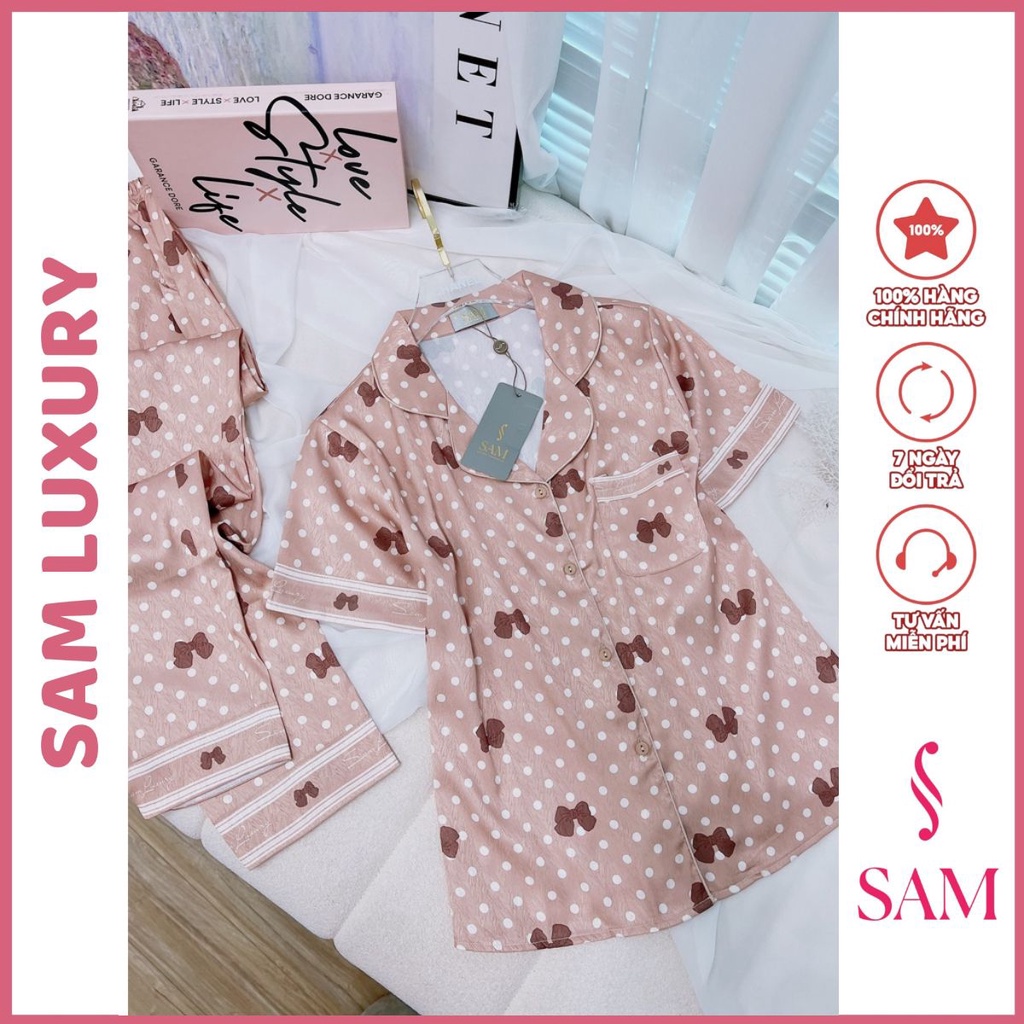 Bộ mặc nhà lụa Sam luxury, pyjama lụa vân tay ngắn quần dài cao cấp